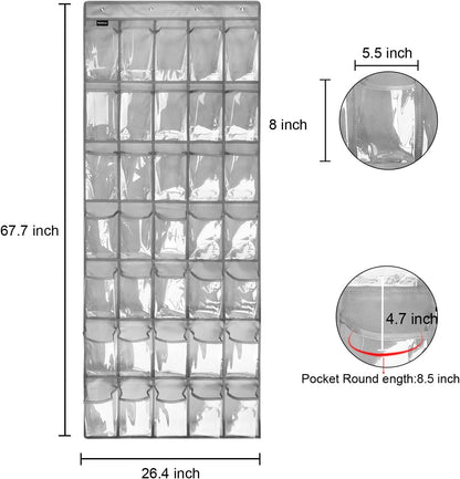 Skiennix Clear Crystal Hanging Shoe Organizer - 35 Pockets Over The Door Rack | Grey with 4 Hooks