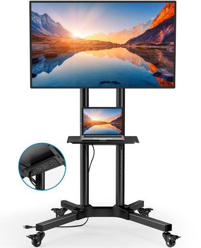 HUANUO Rolling TV Stand with Power Outlet, Mobile TV Cart for 32-85 Inch Flat/Curved TVs, Tilt & Height-Adjustable TV Cart on Wheels Holds 132 lbs, Max VESA 600x400mm HNTVMC01