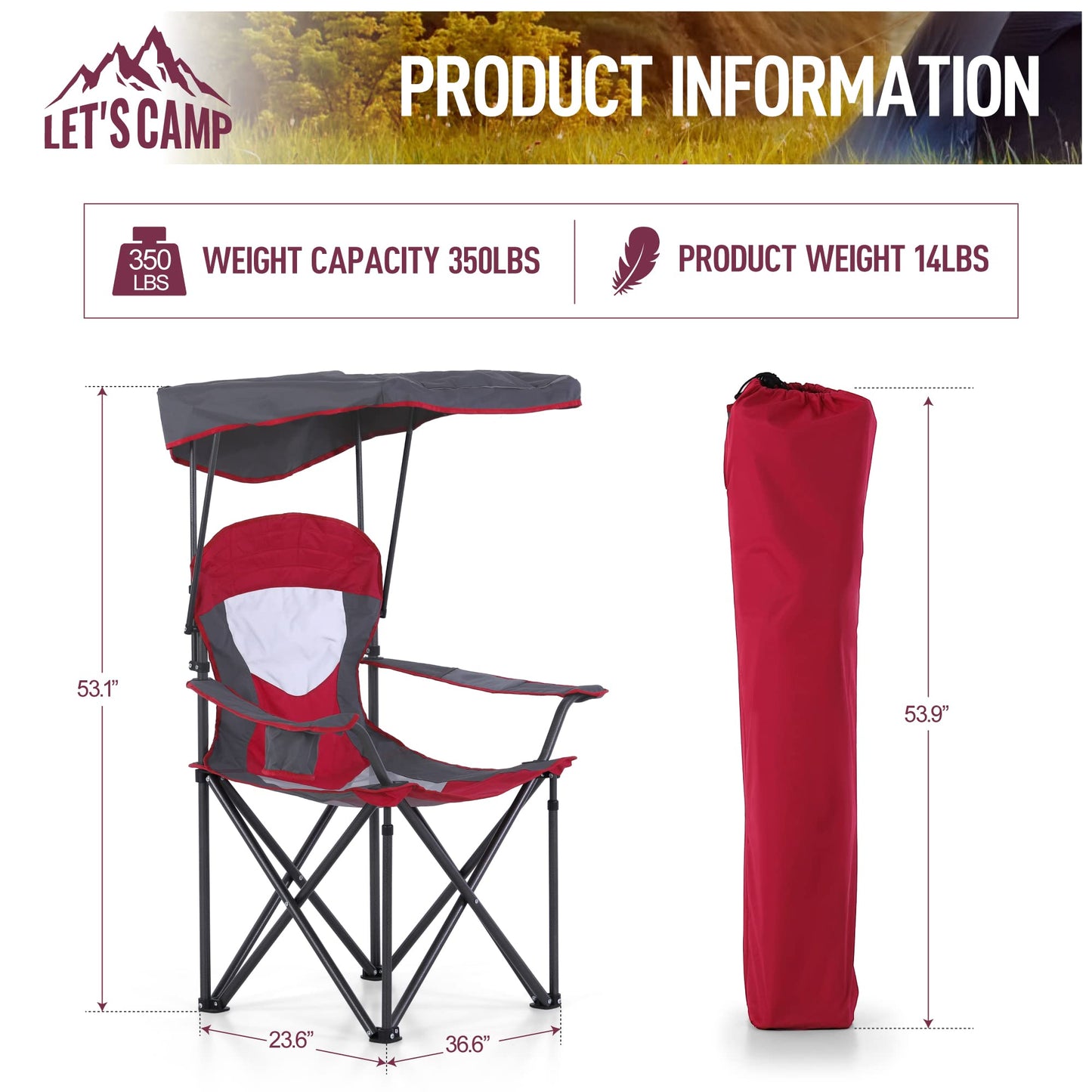 LET'S CAMP Camp Chair with Shade Canopy Folding Camping Chair with Cup Holder and Carry Bag for Outdoor Camping Hiking Beach, Heavy Duty 350 LBS,2 Pack