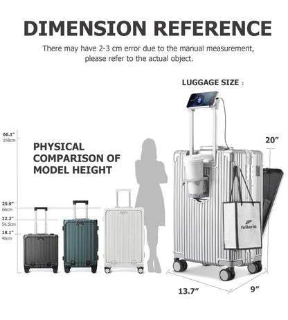 feilario Aluminium Frame PC Hard Shell Spinner Wheels Luggage,20.8"X15"X8.7 Airline Approved Built-In TSA lock Carry on Suitcase, with Cup Holder, USB Port, Phone Holder