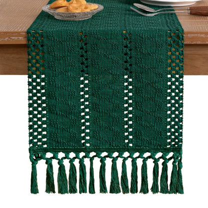 Socomi Boho Table Runner Macrame Easter Spring Farmhouse Woven Cotton Linen Rustic Coffee Table Runner with Tassels for Dresser Scarf Home Decor Dining Room 12x90 inch Emerald Green