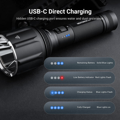 NEXTORCH P82C Long Range LED Flashlight, 2200 Lumens Handheld Torch Ultra Bright, 1100 Meters Beam Distance Searchlight with Nano-Ceramic Bezel, USB-C Rechargeable for Security Patrol, Outdoor, Rescue