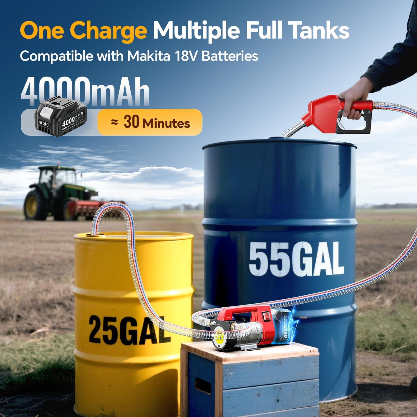 TaskStar Fuel Transfer Pump Battery Powered, 12GPM Electric Pump Kit with 18V 4.0Ah Battery & Charger, Portable Cordless Pump with Auto-off Nozzle & 2x 6.6FT Hoses for Diesel Kerosene Transfer
