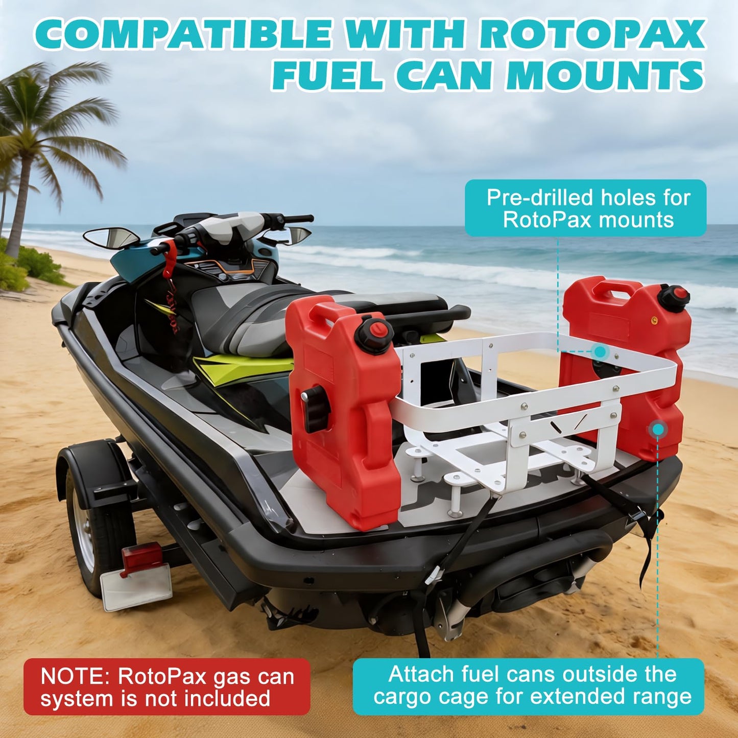 PWC Cargo Rack Aluminum Cooler Rack for Jet Ski, Adjustable Rear Platform Cargo Carrier, Compatible with RotoPax Fuel Can Mount, Heavy Duty Marine Cooler Holder for PWC ATV UTV with Straps