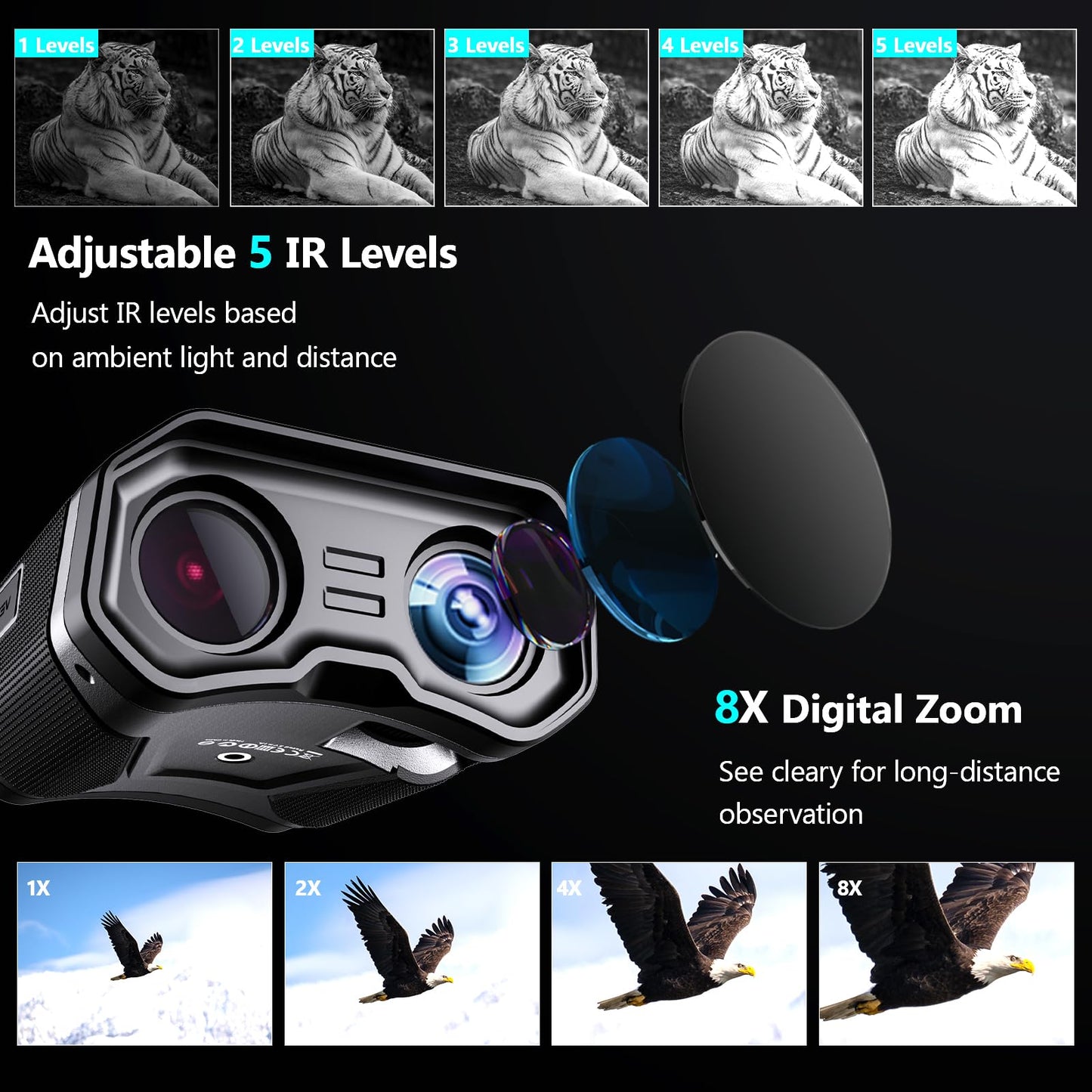 DOOCK Night Vision Goggles, Full-Color 4K Night Vision Binoculars with 5200mAh Rechargeable, 8X Digital Zoom, 4K UHD Video & 52MP Image, Infrared NVG Goggles for Camping Hunting & Security (Black)