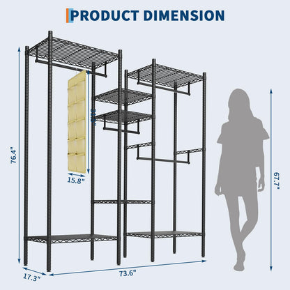 IDEALHOUSE Heavy Duty Clothes Rack for Hanging Clothes, Load 1000LBS Portable Closet Wardrobe with Shelves, Freestanding Adjustable Garment Rack for Bedroom, Walk-in Closet, 73.6"x 17.3"x 76.4", Black