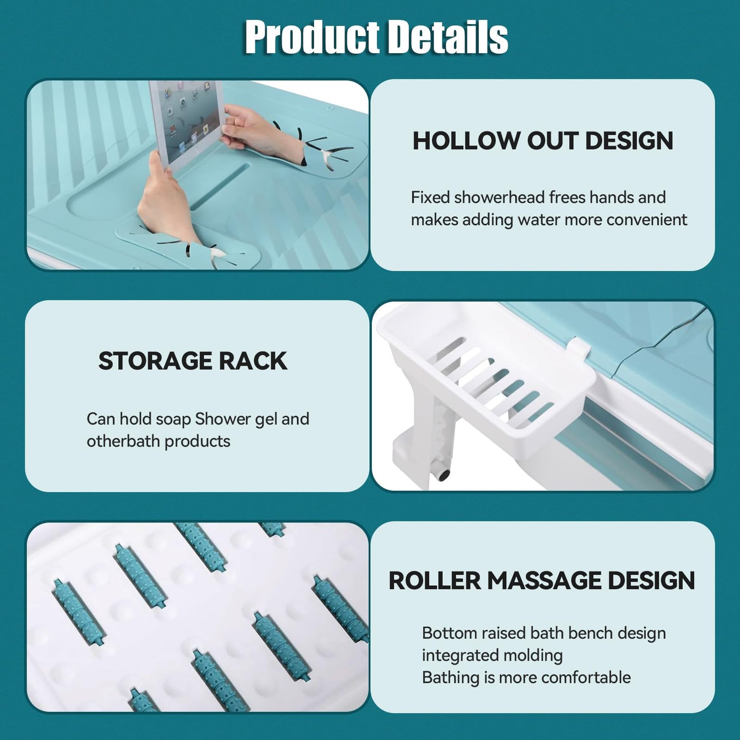 53'' Large Portable Bathtub for Adult, Foldable Bathtub Portable Soaking Bath Tub Effortless, Ergonomically Designed for Hot Bath Ice Bath with Reached Out Hands
