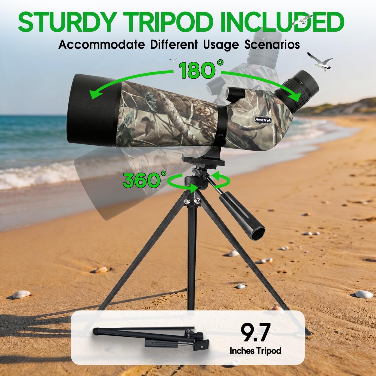 HuntTrek 25-75x100 Spotting Scope with 9 Inches Short Tripod Phone Adapter Carrying Bag Spotter Scope for Target Shooting Bird Watching Wildlife Viewing Camo