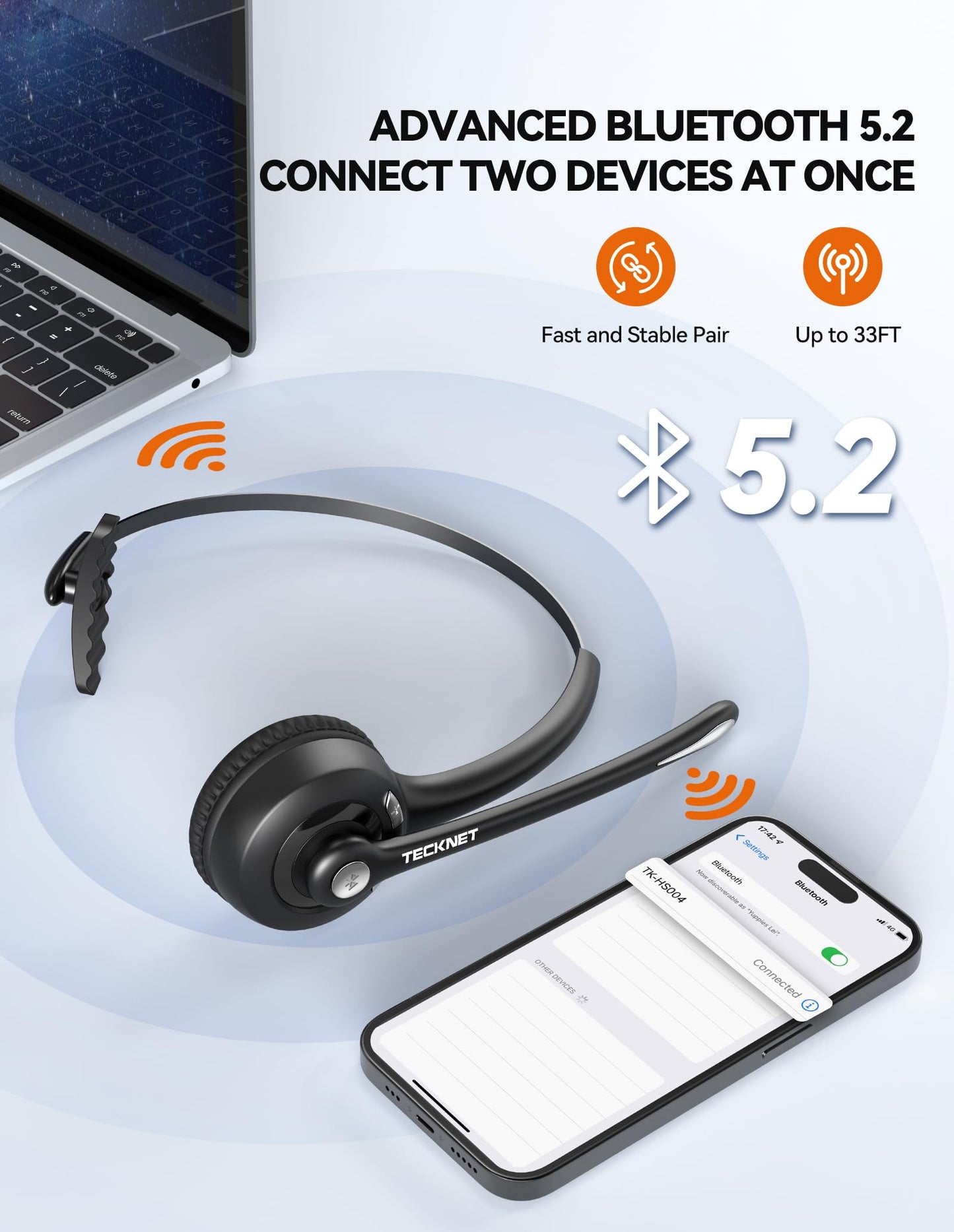 TECKNET Bluetooth Headset, Wireless Headset with Noise Canceling Microphone for Trucker, On-Ear Bluetooth Headphone with Mute Mic for Work