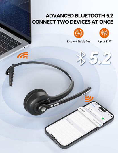 TECKNET Wireless Headset, Bluetooth Headphones with Noise Cancelling Microphone for Trucker, Hand Free Wireless Headset with Mute Mic