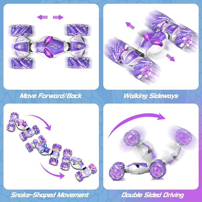 Gesture Sensing RC Stunt Car 4WD Hand-Controlled 2.4GHz Remote Control Drift Cars for Boys Girls Age 6-8-12 All-Terrain Off-Road Twist Toy Cars with Lights Music for Birthday Gifts(Purple)
