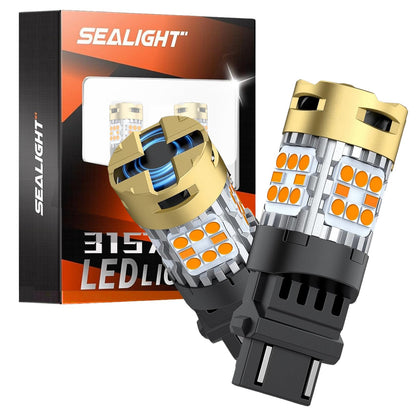 SEALIGHT LED Turn Signal Bulb, 3157 Size, Amber Yellow, Aluminum, Pack of 2, 1400% Brighter for Front Rear Signal Lights
