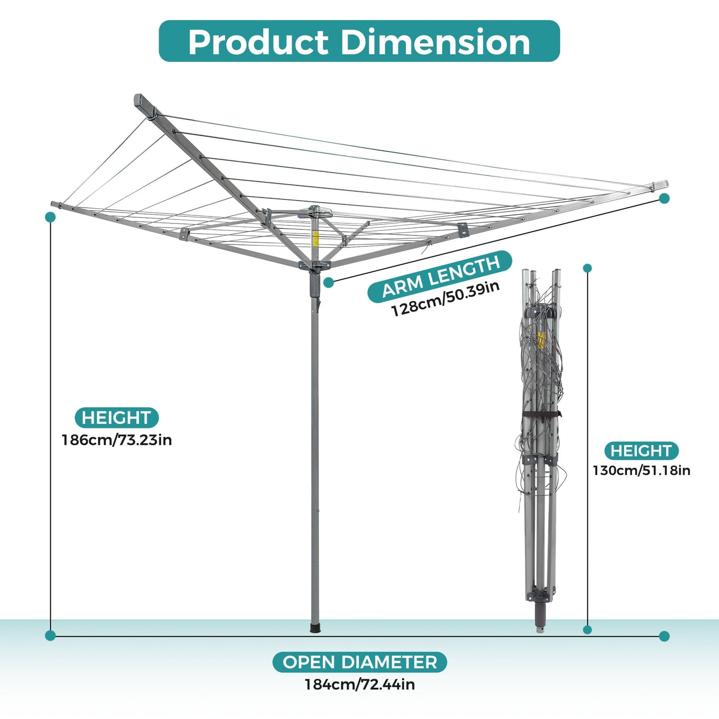 Sukkiri Homu Foldable Laundry Drying Rack, Umbrella Style Clothes Dryer 131 Ft Clothesline for Outdoor Backyard Use, Portable Garment Airer (78.74" H x 68.5" W x 49.61" L)