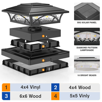 APONUO Solar Post Cap Lights 16 Pack - 4x4 5x5 6x6 Fence Post Lights, Auto On/Off, Waterproof IP64, 2-Mode (Warm/Cool White), Deck Patio Yard Solar Light for Wood & Vinyl Posts, Black