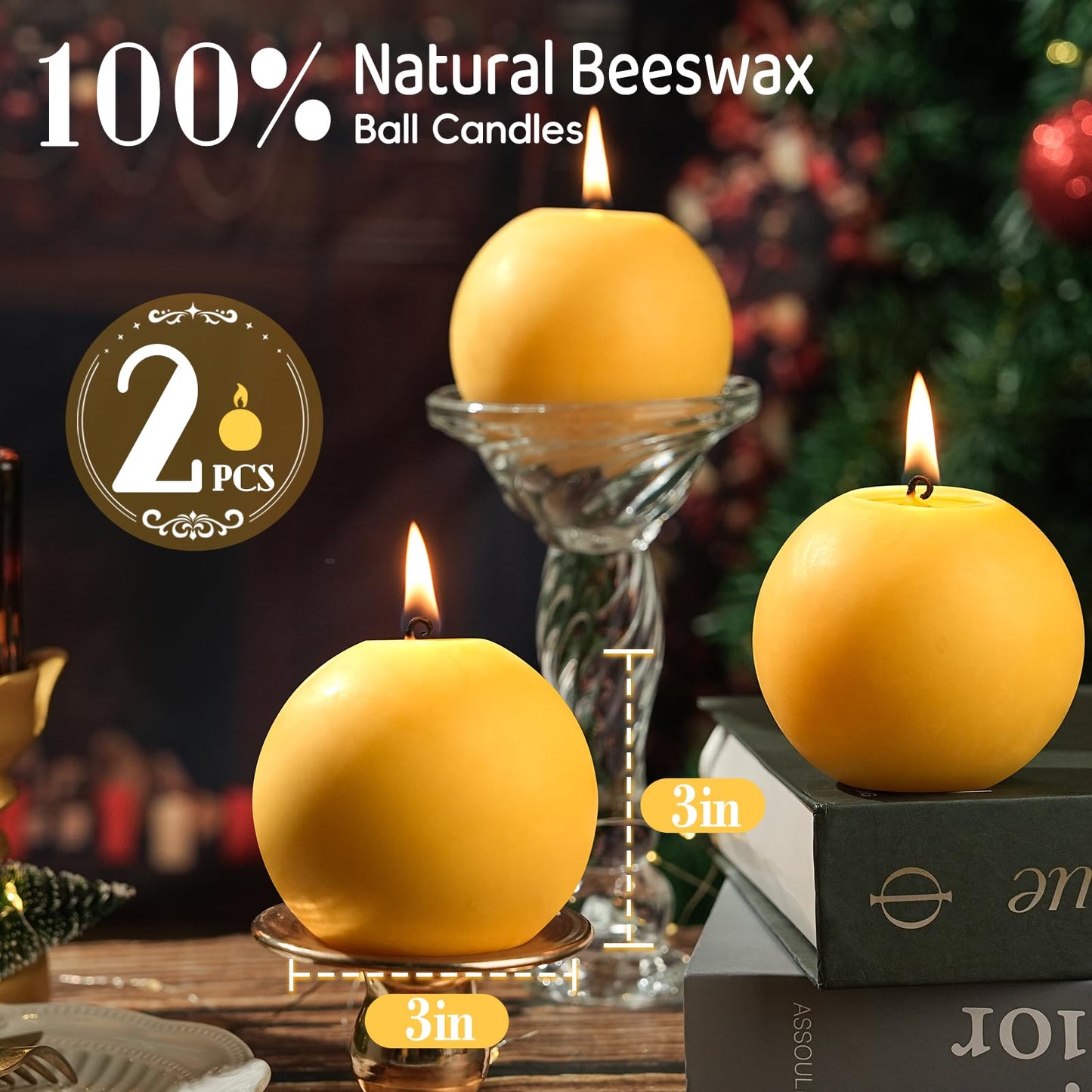 2 Pack Beeswax Round Ball Candles,Hand-Poured Natural Beeswax Candles- 60 H Long Burning Elegant Bees Wax Candles for Home,Paryer,Parties,Unscented Dripless Smokeless Beeswax Candle