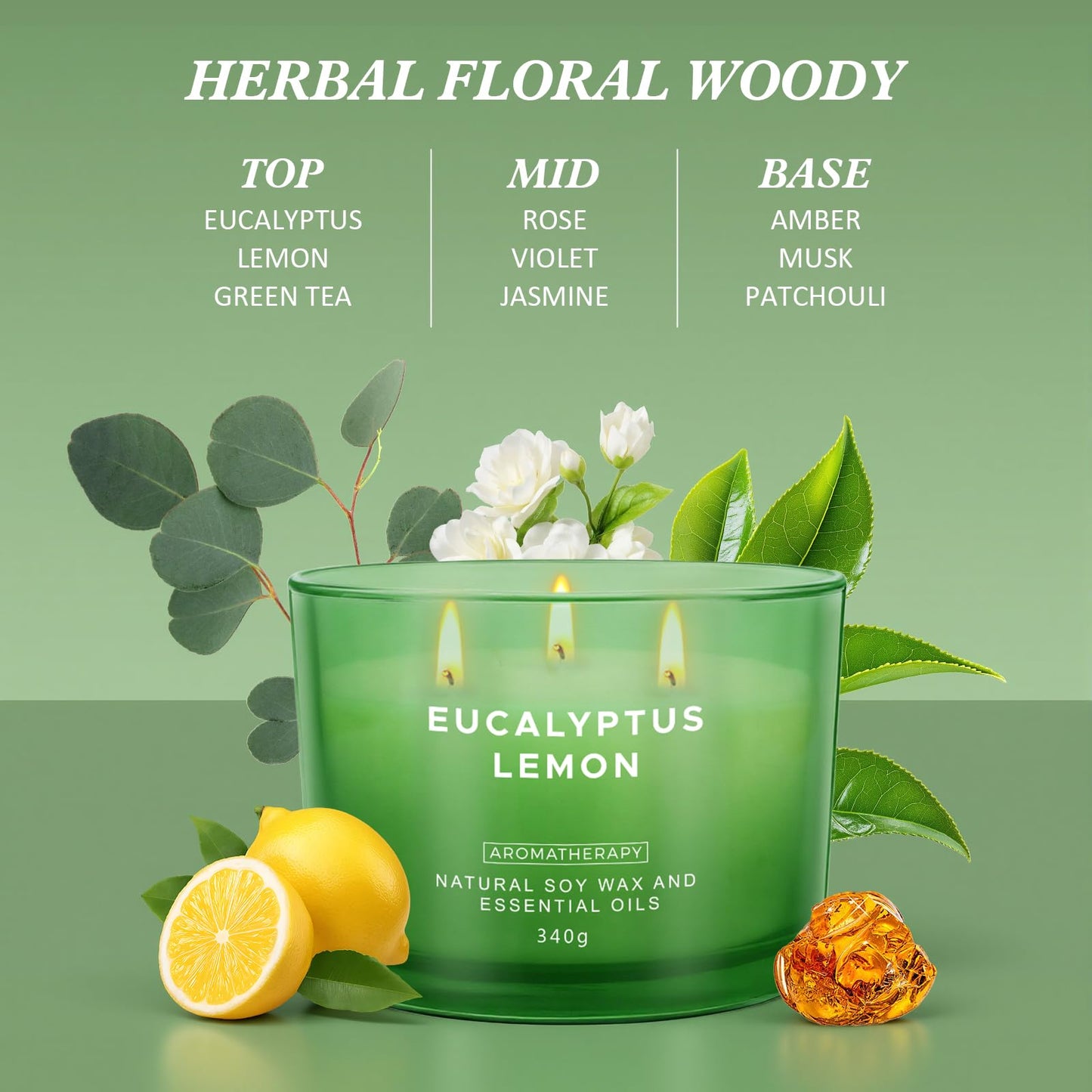 Eucalyptus Lemon Candles for Home Scented, 12oz Large Scented Candles for Women Men, Natural Soy Aromatherapy Candle, 70 Hours Long Burning Amber Jar Candle Gifts for Mom, Dad, Her, Wife