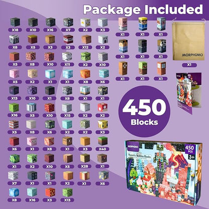 450 PCS Magnetic Building Blocks Set - Big STEM &amp Sensory Toy for Kids - Stacking Magnets - Instruction Book &amp Fabric Storage Bag - Shared Play Toy for Siblings &amp Friends