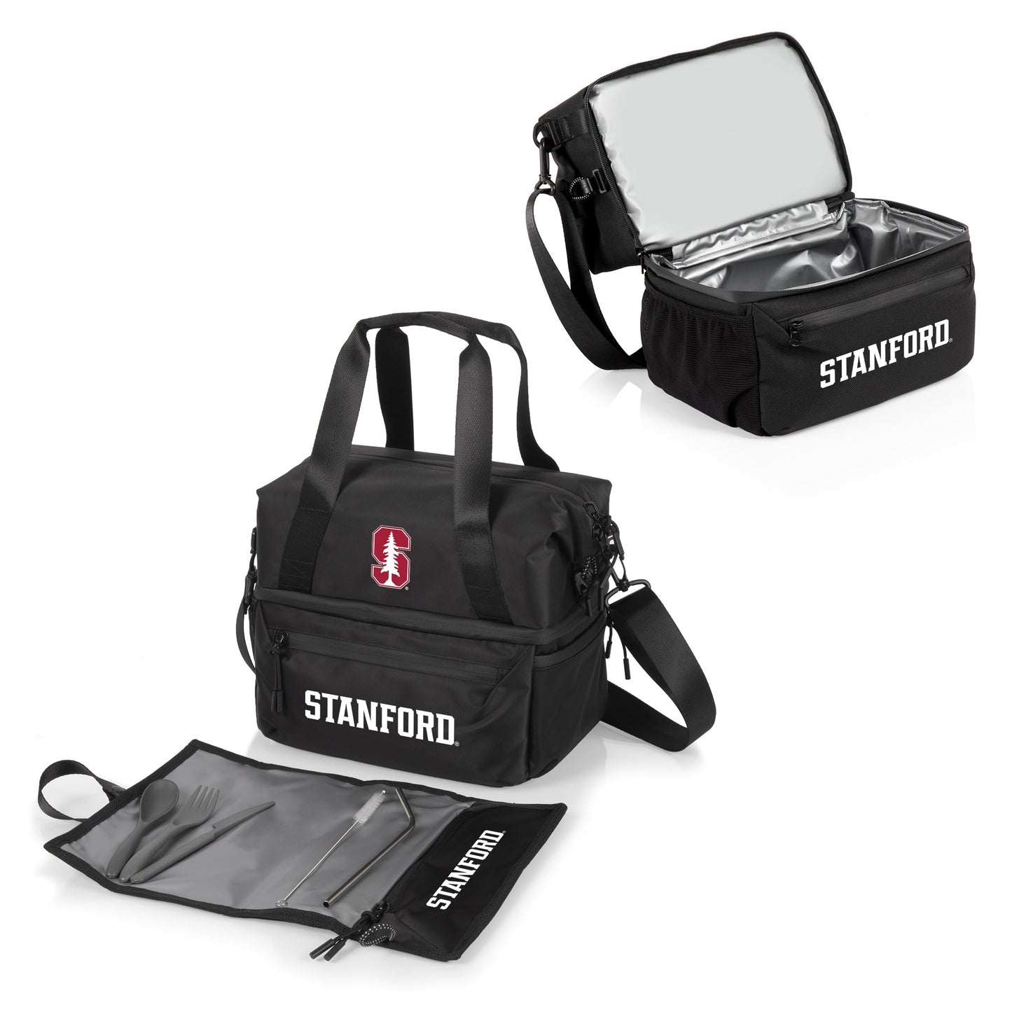 PICNIC TIME NCAA Stanford Cardinal Tarana Lunch Bag Cooler with Utensils Made from Recycled Material, Lunch Box with Picnic Set, Upcycled Lunch Cooler Bag, (Carbon Black)