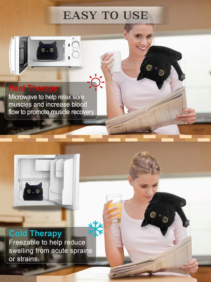 Large Microwave Heating Pad with Washable Cover 21 * 12" Microwavable Heating Pads for Cramps, Back, Neck Shoulder Pain Relief, Cordless Weighted Moist Heat Pack, Black Cat