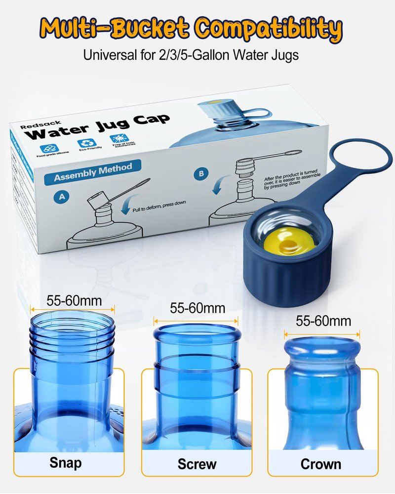 3-Packs Silicone 5 Gallon Water Jug Cap, 2/3/4/5Gal Reusable Bottle Lids, Leak-Proof Replacement Caps for 55mm & 60mm Bottle Standard/Screw/Crown Tops, Dishwasher Safe & BPA-Free (Dark Blue, 3 PACKS)