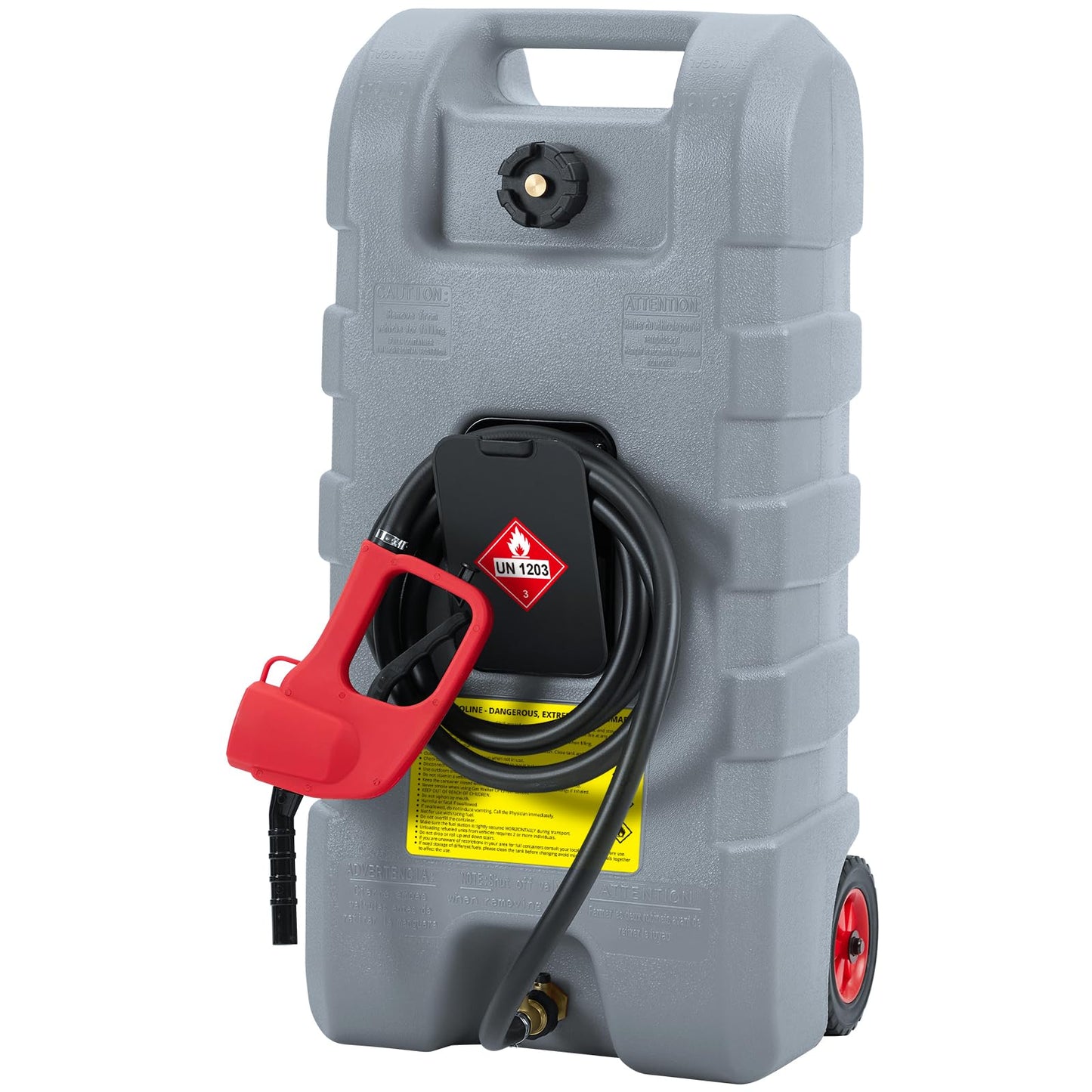 15 Gallon Gas Can with Manual Transfer Pump, Portable Fuel Caddy with Wheels & Carry Handle, 10 ft Hose, Heavy-Duty HDPE Fuel Transfer Tank for Gasoline Diesel Kerosene, Brass Shut-Off Valves, Gray