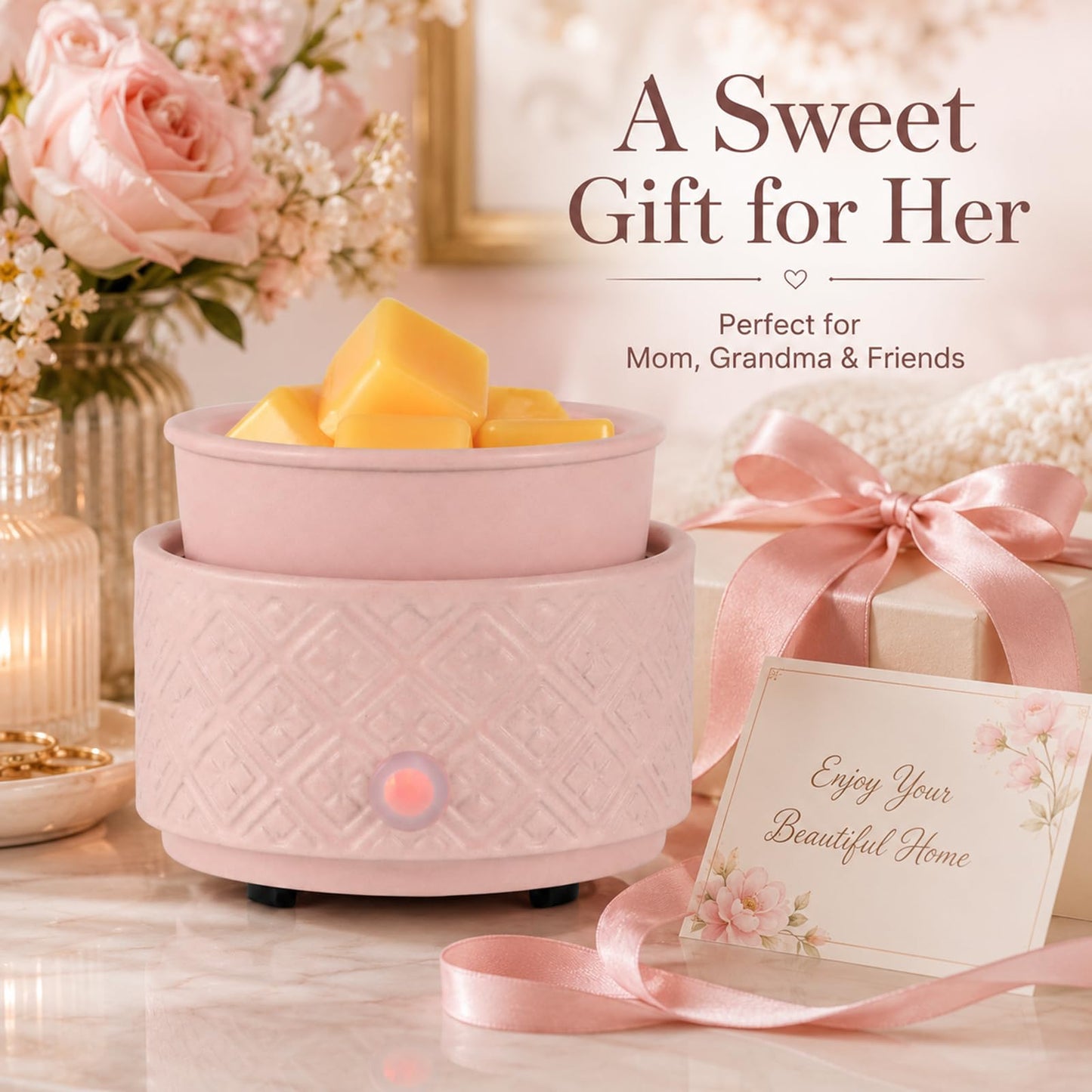 Wax Melt Warmer for Scented Wax,3-in-1Ceramic Wax Warmer Fragrances Candle Oils, Home Fragrance Burner,Electric Candle Warmer Perfect Christmas Gifts for Mom Women(Pink)
