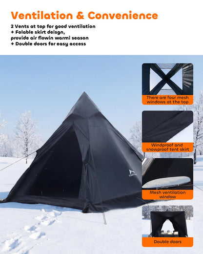 Teepee Camping Tent, 4-6 Person with Snow Skirt, Quick Setup 4 Season Double Layer Waterproof Anti-UV Windproof, for Family Outdoor, Hunting, Backpacking & Hiking, Heavy Duty All-Weather Shelter