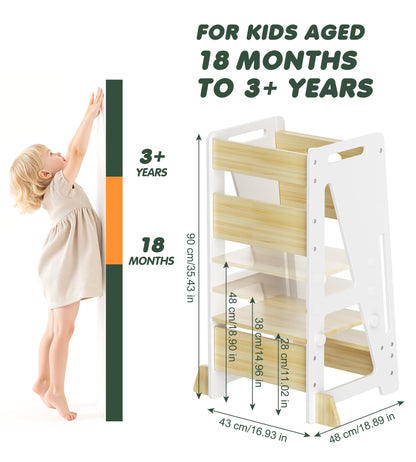 Toddler Standing Stool with Sliding Door, 3-Height Adjustable Kitchen Step Stool for Kids, Sturdy Wooden Learning Tower with Non-Slip Feet, Ages 18 Months–6 Years, White