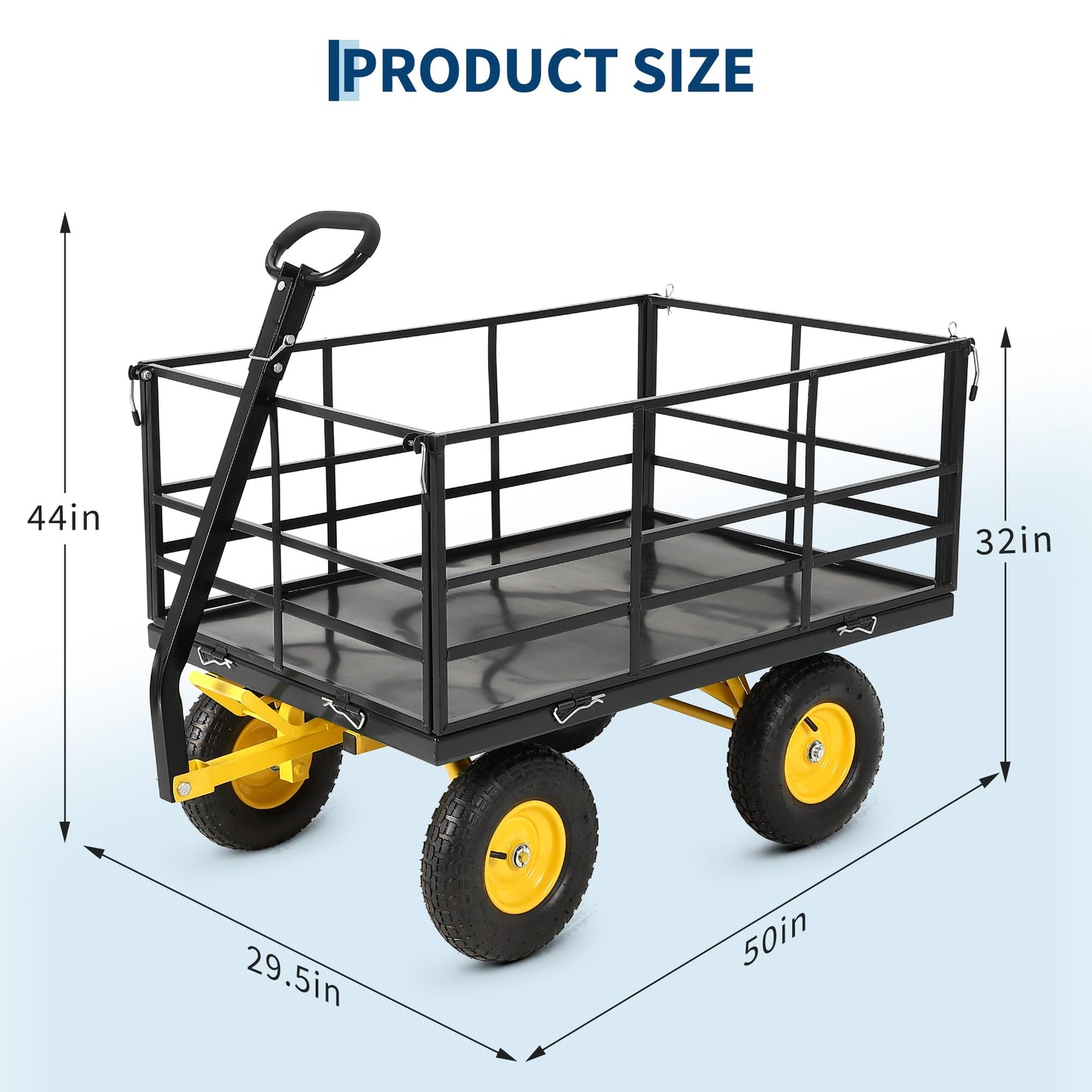 Patikuin 1500 lbs Heavy Duty Steel Garden Cart – Removable Mesh Sides – 13-Inch All-Terrain Wheels – Swivel Yellow Handlebar – Quick Dump – Folding Utility Yard Wagon for Soil, Tools, Plants – Black