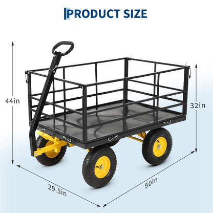 Patikuin 1500 lbs Heavy Duty Steel Garden Cart – Removable Mesh Sides – 13-Inch All-Terrain Wheels – Swivel Yellow Handlebar – Quick Dump – Folding Utility Yard Wagon for Soil, Tools, Plants – Black