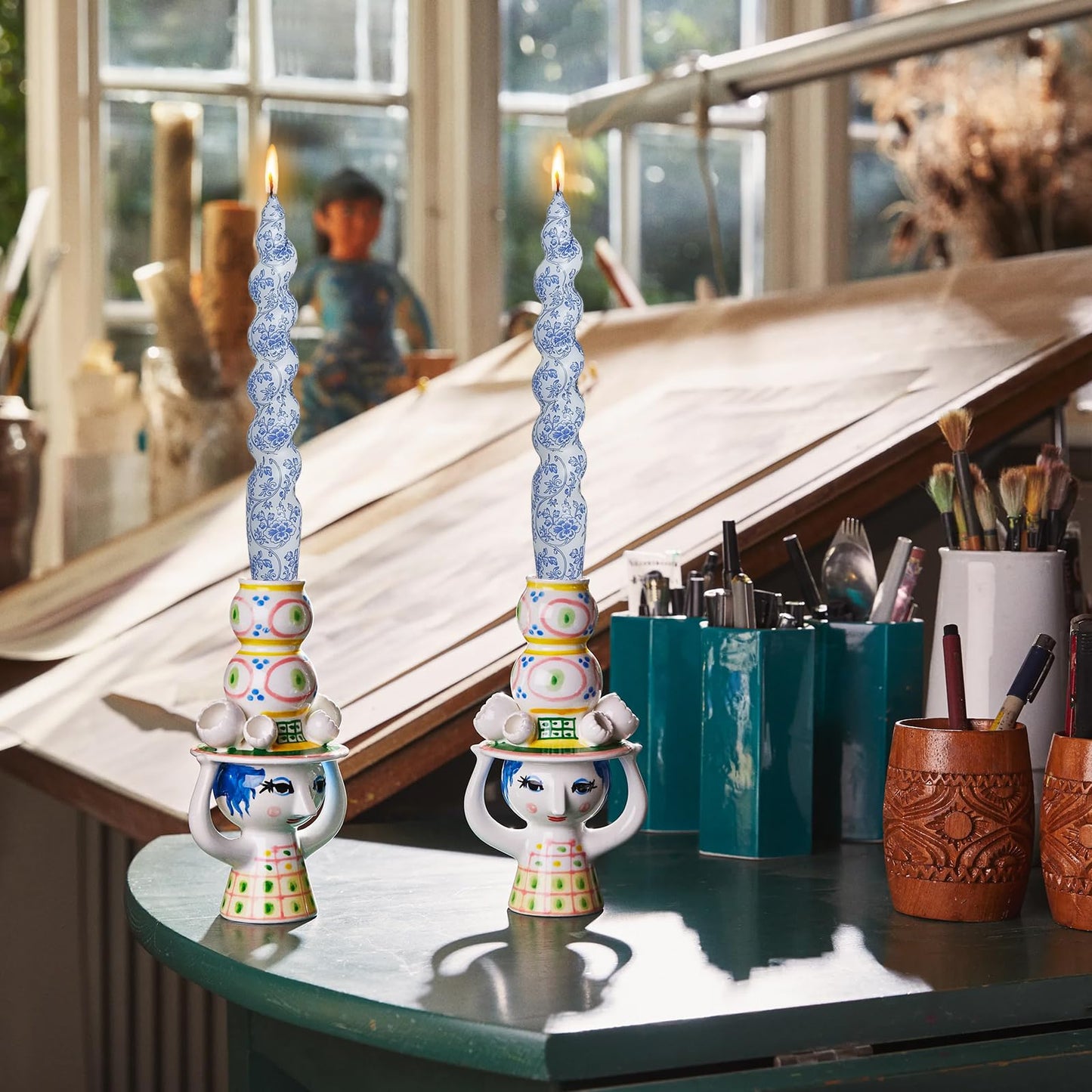 Unscented Floral Taper Candle Spiral Candlesticks - Set of 4 Handmade Blue Flower Twisted Candle 7.5 Inch Short Print Tapered Candles for Home Wedding Dinner Gifts