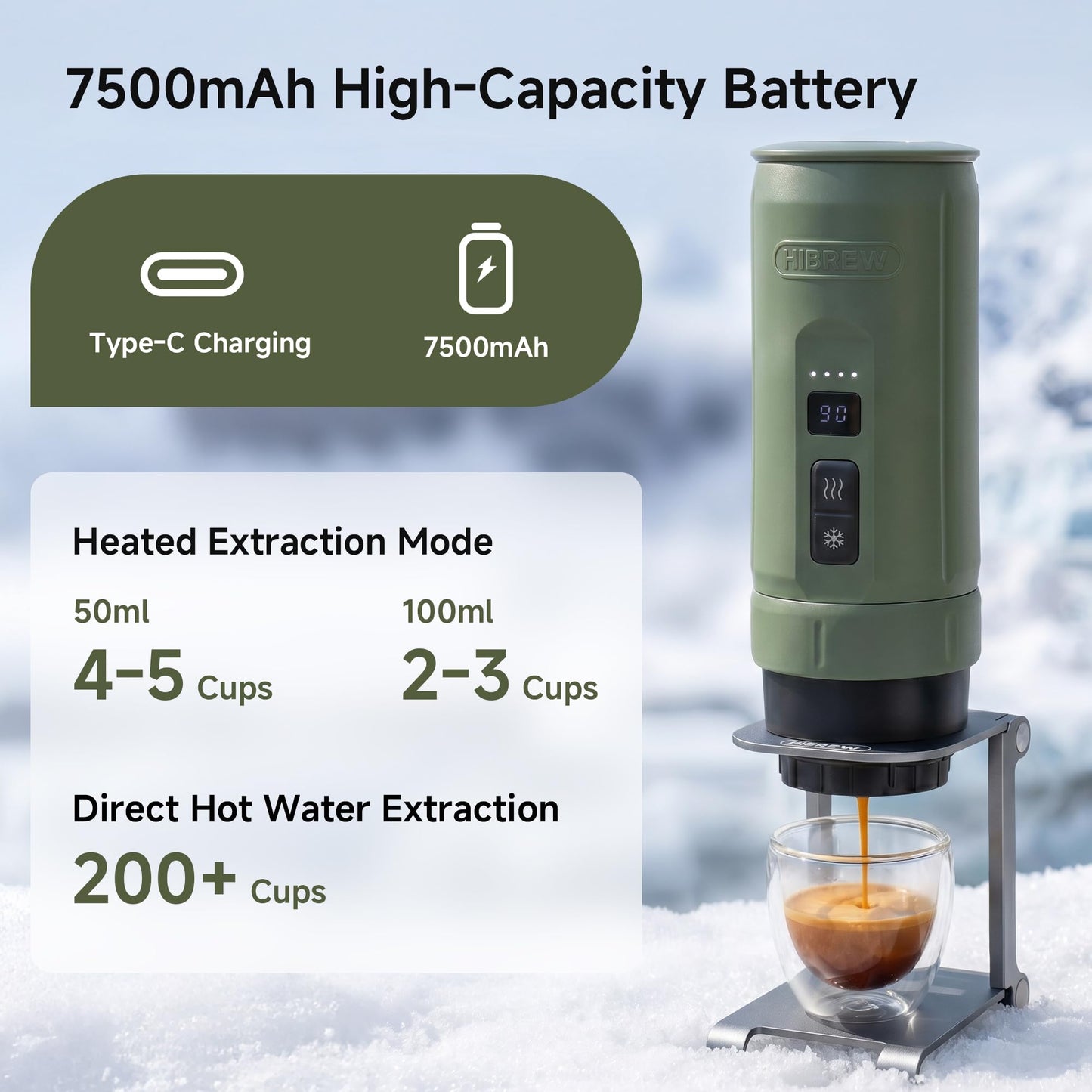 HIBREW H4C Explorer - Portable Electric Espresso Machine, USB-C Rechargeable Coffee Machine for Camping and Travel, Compact for Capsules & Ground Coffee, with Foldable Holder & Carrying Case (Green)
