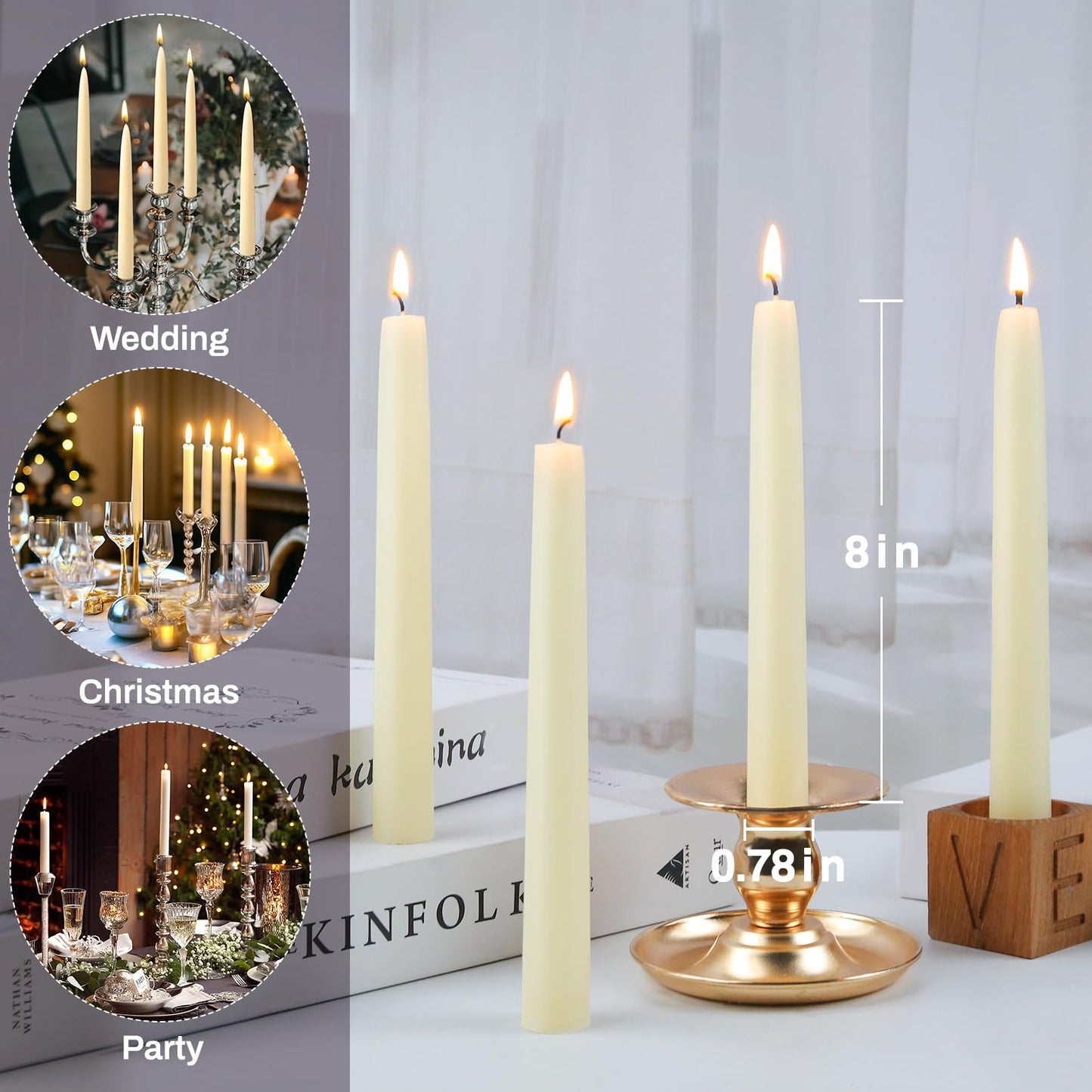 12 Pack Beeswax Taper Candles 8 Hours Beeswax White Emergency Candle Sticks Smokeless 8in Tapered Candlesticks Unscented Bees Wax Candle for Home Prayer
