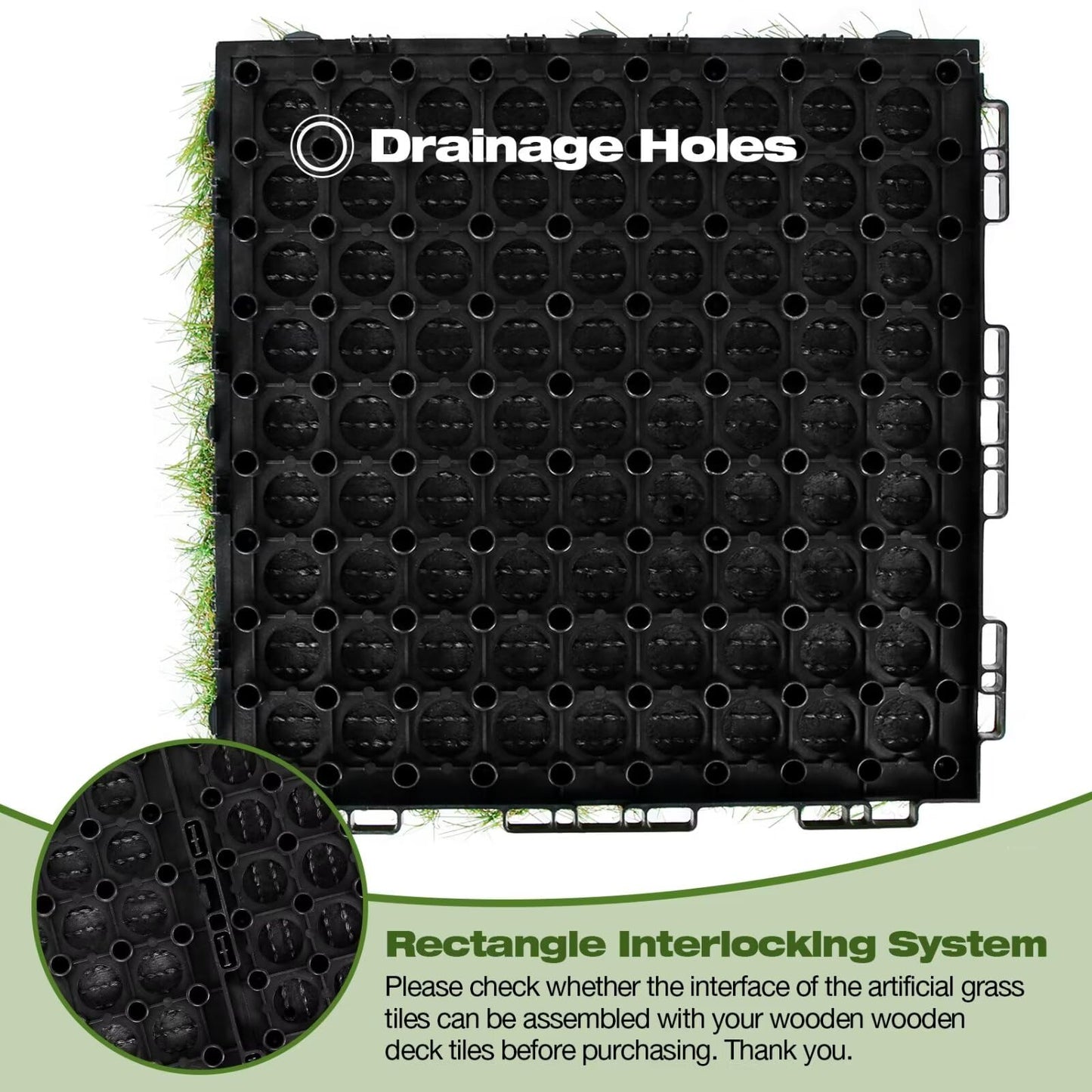 XLX TURF Interlocking Artifical Grass Tiles 18 PCS - 12"x12" Fake Grass Square for Dog Potty Kennel - Indoor Outdoor Turf Self-draining Deck Flooring Decor Balcony Patio - U Shape Buckle System
