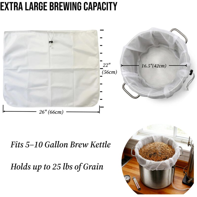 5 Pack Brew Bags, 250 Micron Brew in a Bag (BIAB) Grain Straining Bags with Drawstring, Heavy Duty Nylon Mesh Brewing Filter Bags for Beer, Wine, Cider & Cold Brew Coffee (26" x 22")