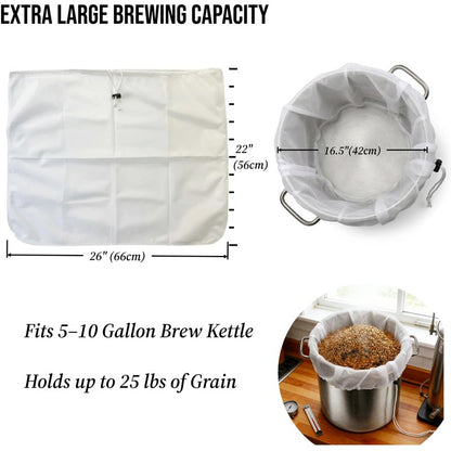 5 Pack Brew Bags, 250 Micron Brew in a Bag (BIAB) Grain Straining Bags with Drawstring, Heavy Duty Nylon Mesh Brewing Filter Bags for Beer, Wine, Cider & Cold Brew Coffee (26" x 22")
