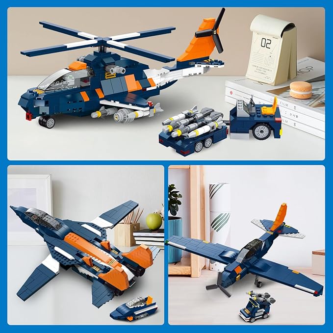 HOGOKIDS 3 in 1 Fighter Jet Plane Building Sets Military Propeller Aircraft Gunship Building Toys with Vehicle/Rocket Launcher/Speedboat Model Toys Birthday Gift for Kids Boys and Girls 10+ 738PCS