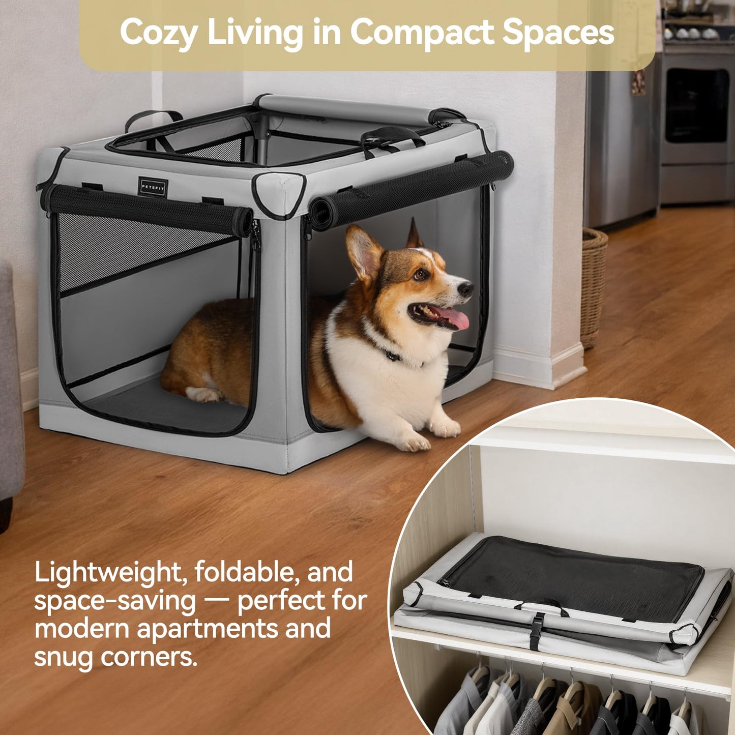 PETSFIT Portable Dog Crate for Medium Large Dogs, – 36" Soft Dog Travel Crates with Lockable Zippers & Thicken Mat, Adjustable Patented Spiral Steel Frame, Collapsible Kennel for Indoor & Outdoor