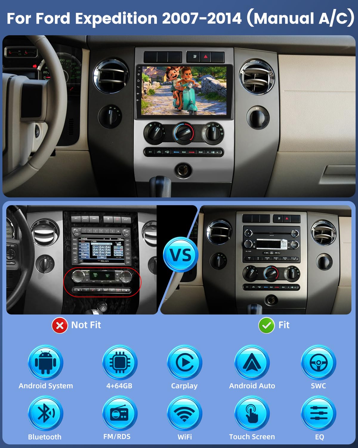 4+64G Android Car Stereo for Ford Expedition 2007-2014 (Manual A/C) - 9 Inch Touchscreen Radio with Wireless Carplay, Android Auto, 5GHz WiFi, GPS, 32EQ DSP, SWC, Mirror Link + AHD Backup Camera