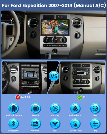 4+64G Android Car Stereo for Ford Expedition 2007-2014 (Manual A/C) - 9 Inch Touchscreen Radio with Wireless Carplay, Android Auto, 5GHz WiFi, GPS, 32EQ DSP, SWC, Mirror Link + AHD Backup Camera