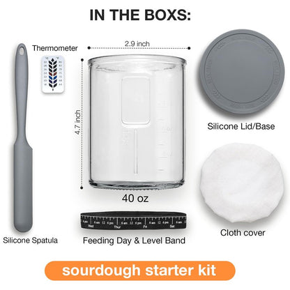Premium Pro Sourdough Starter Jar Kit - 40oz Large Wide Mouth Sourdough Bread Jar with Marked Feeding Band, Thermometer, Scraper, Cloth Cover and Silicone Lid/Base, Glass Container, Baking Supplies