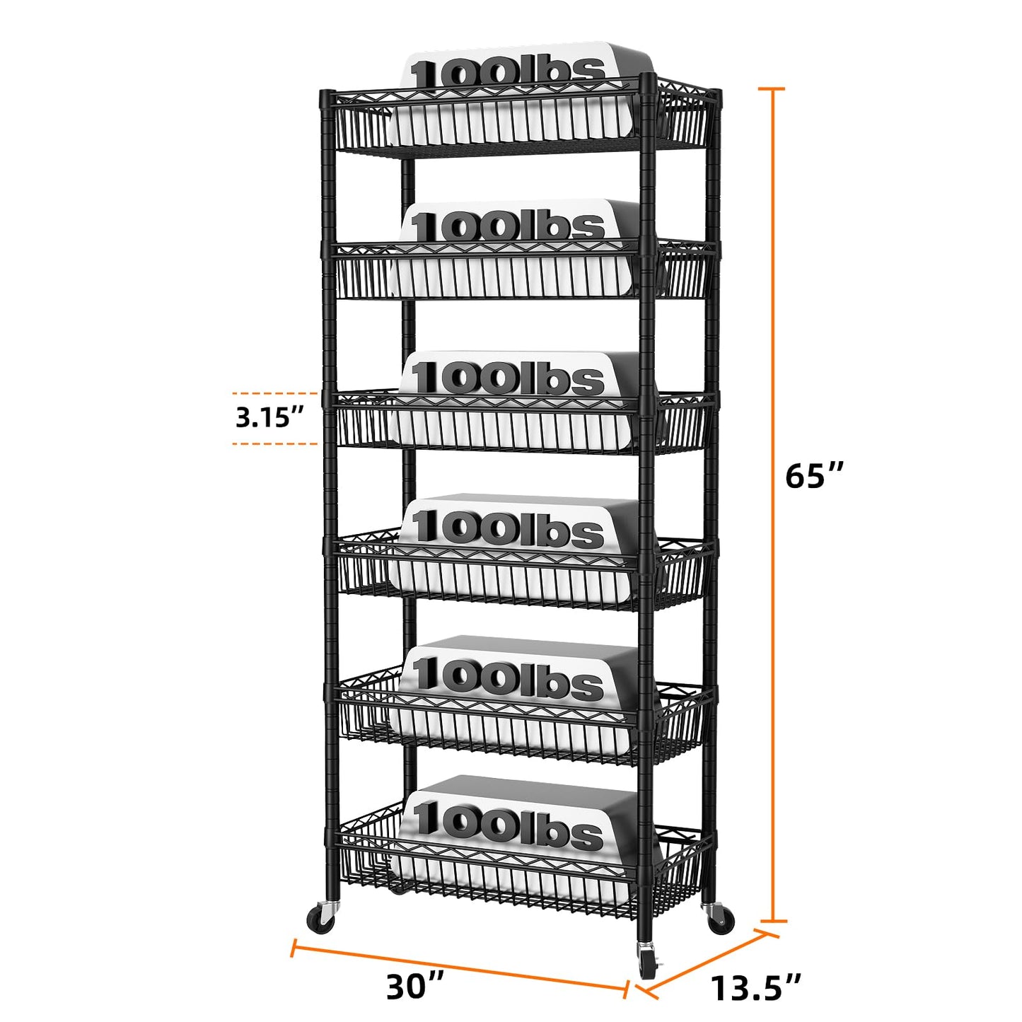 SINGAYE Shelf 6 Tier Wire Shelving Unit Adjustable Storage Shelves Big Basket Rack for Garage Kitchen Office Pantry Laundry Room Organizers13.5 D x 30" W x 65" H Black