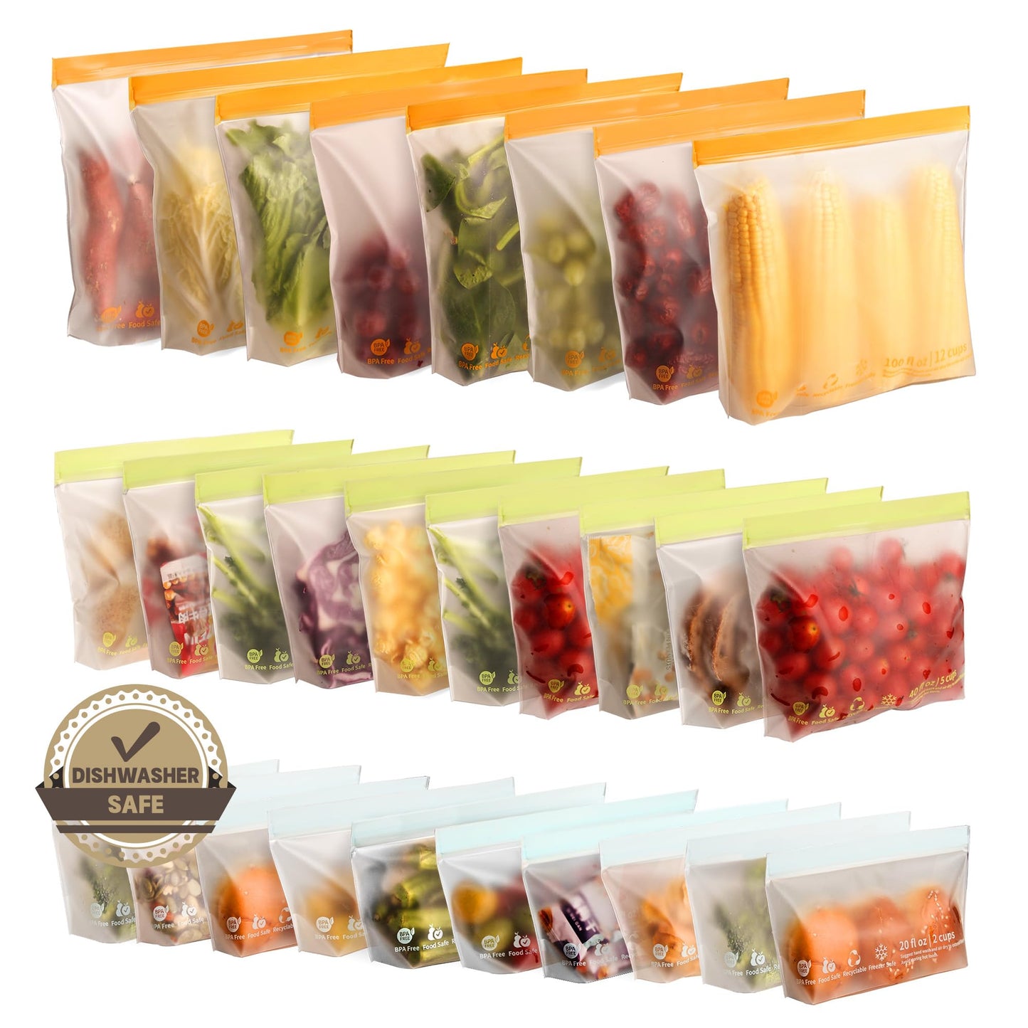 24 Pack Reusable Food Storage Bags,Leakproof Freezer Bags BPA Free Stand Up Sandwich Bags for Lunch Salad Fruit Travel,Dishwasher Safe(8 Gallon,8 Sandwich,8 Snack)