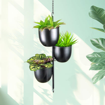 HemePaha 3-Tier Metal Hanging Planter with 6 Inch Oval Pots - Black Modern Triple Tiered Plant Hanger - Vertical Stackable Wall and Ceiling Mount Holder for Indoor and Houseplants
