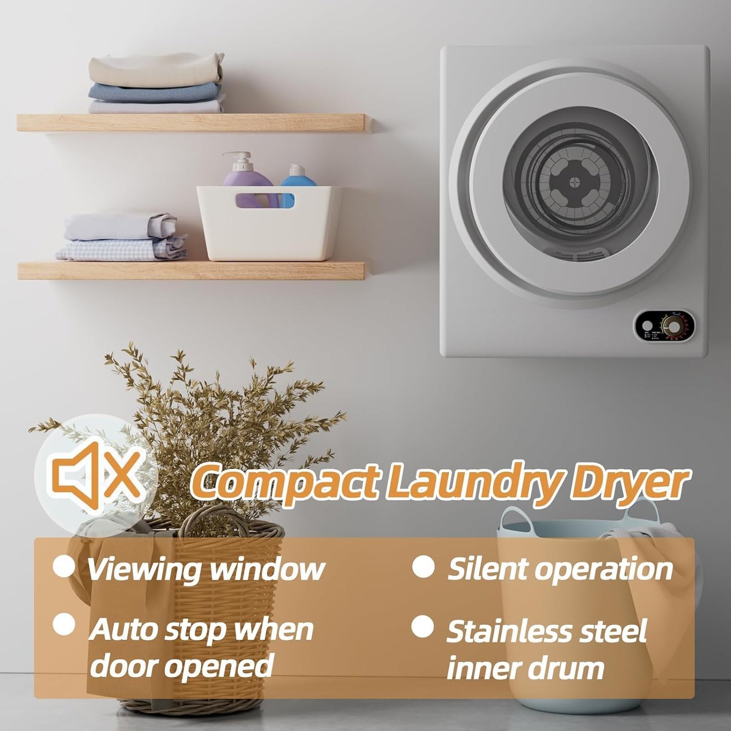 SUSTAINOVA Portable Dryer 1.5 cu. ft., 850W Powerful Clothes Dryer Compact Electric Dryer with Stainless Steel Tub, Electric Machine for Small Space, Apartments, Hostels, RVs - White