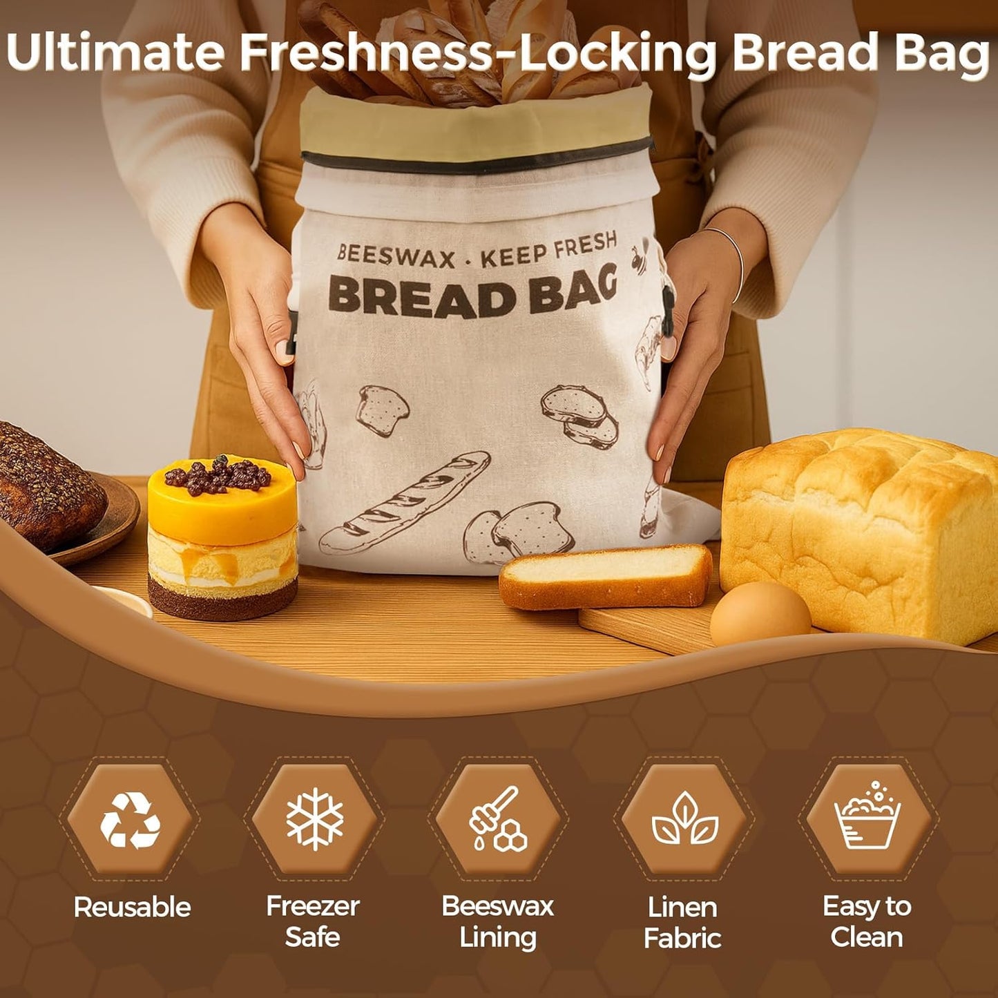 YARRAMATE Beeswax Bread Bags - Reusable Linen Food Storage for Fresh Homemade Sourdough | Large 17x13" (Brown, 2 Pack)