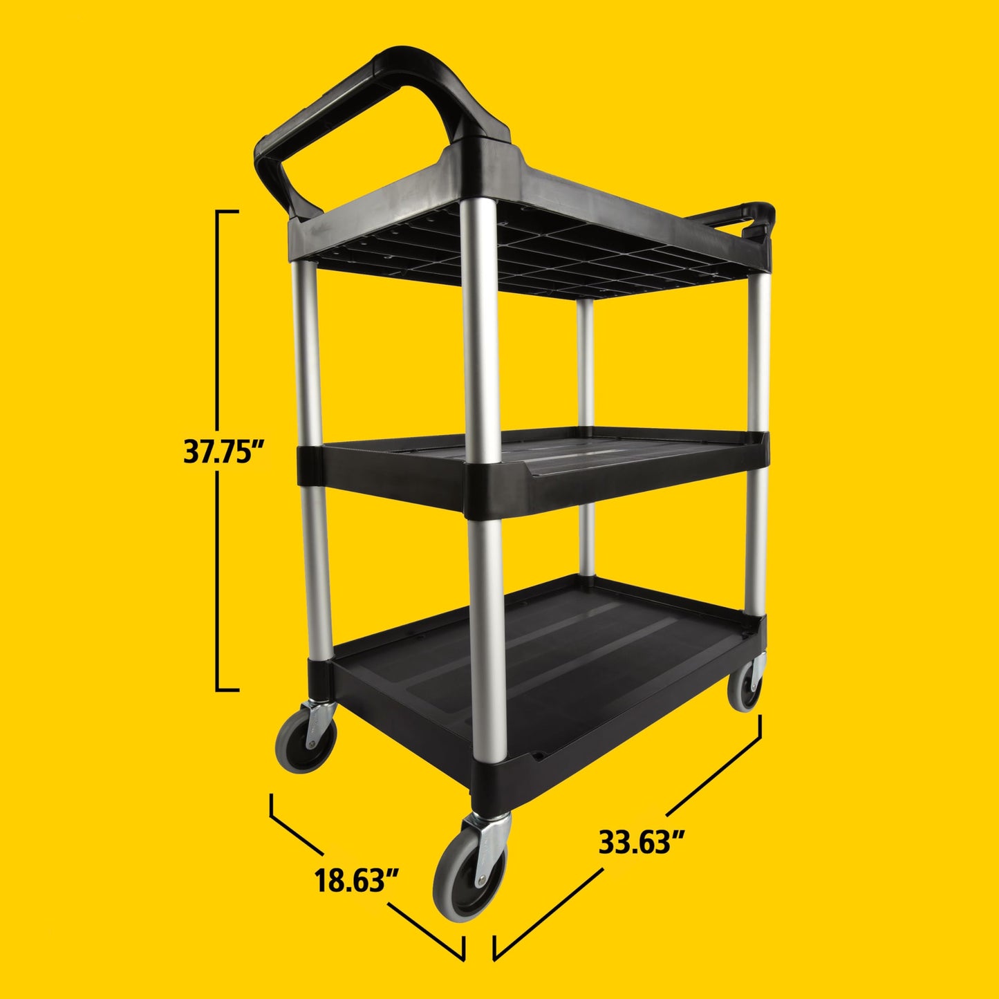 Rubbermaid Commercial Products Heavy Duty 3-Shelf Rolling Service/Utility/Push Cart, 200 lbs. Capacity, Black, for Foodservice/Restaurant/Cleaning/Warehouse/Garage