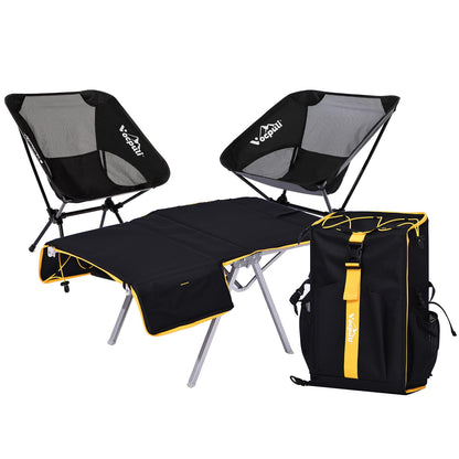 Vocpuli Camping Backpack - Aviation Aluminum Table Frame + 2 Folding Camping Chairs,+ Convertible Backpack Tabletop, Quick Setup&Portable,Camping Gear,Gifts for Camping, Picnic, Beach (Black)