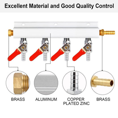 WELLBOM CO2 Manifold, 4-Way CO2 Gas Distributor O.D 5/16'' Barb Fitting Beer Keg Gas Manifold Kegerator CO2 Splitter with Integrated Check Valves & 5PCS Hose Clamps