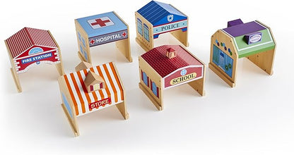 Guidecraft Community Buildings: Set of 6 Wooden Block Play Buildings (Fire Station Police Department Hospital School Grocery Store &amp Service Station)